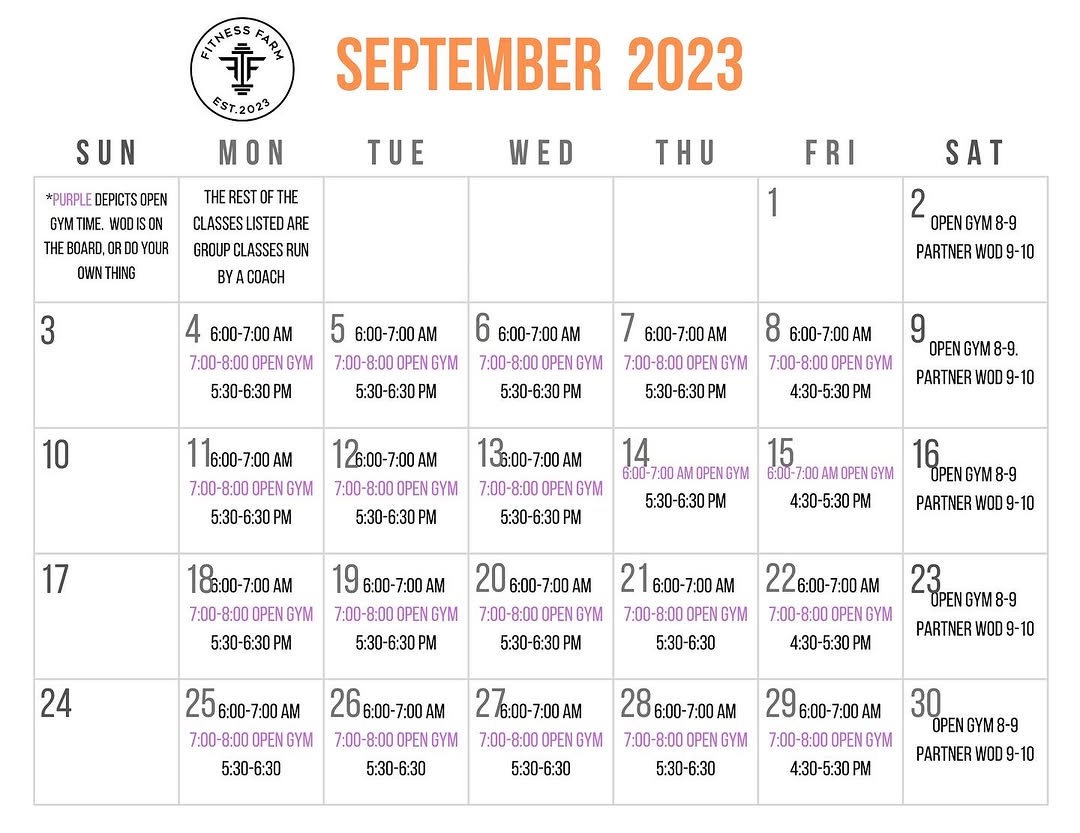 Example of the monthly class calendar graphic the gym publishes
