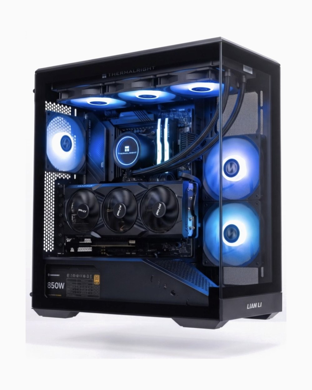 A finished Lian Li build with blue lighting, glass side panel