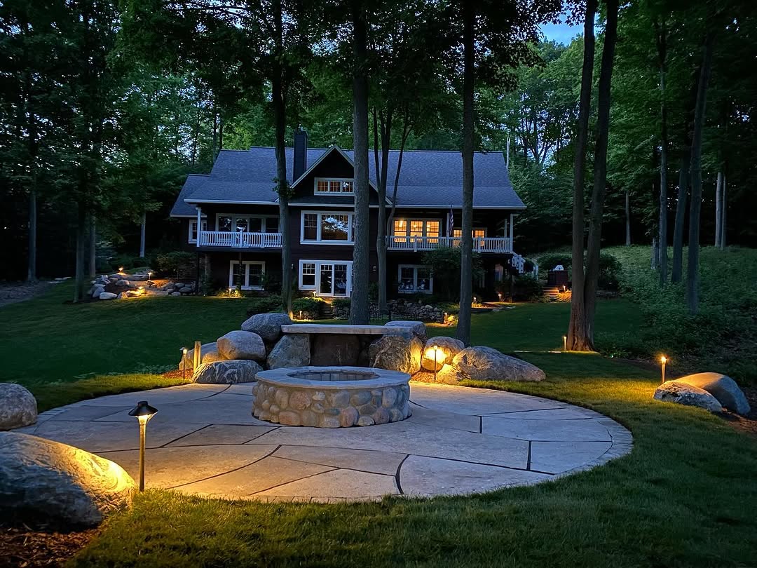 Flagstone fire pit surround built in Northern Michigan