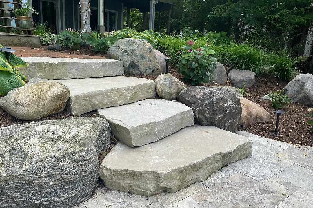 Travertine patio overlooking Lake Charlevoix